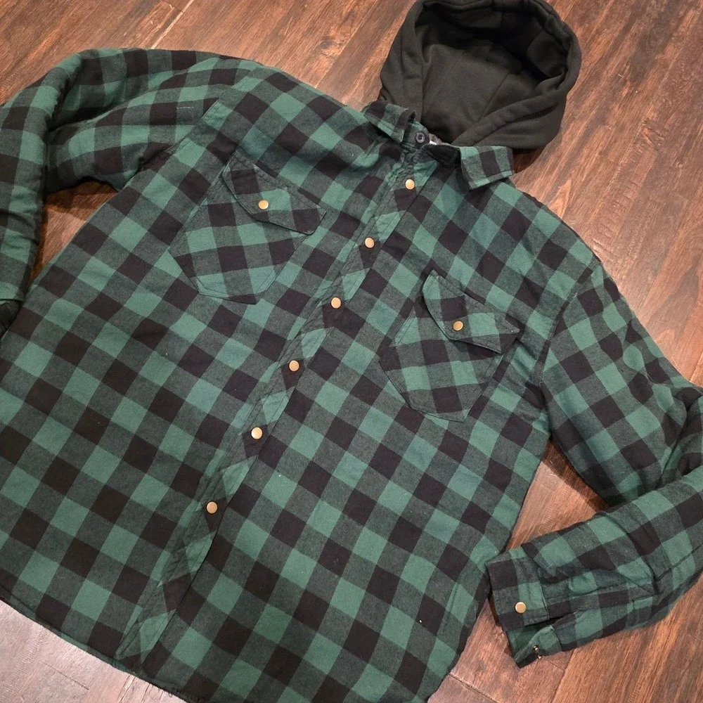Y2K Ground Force Mens L Green Plaid Flannel Lined Hooded‎ Shirt Jacket Grunge